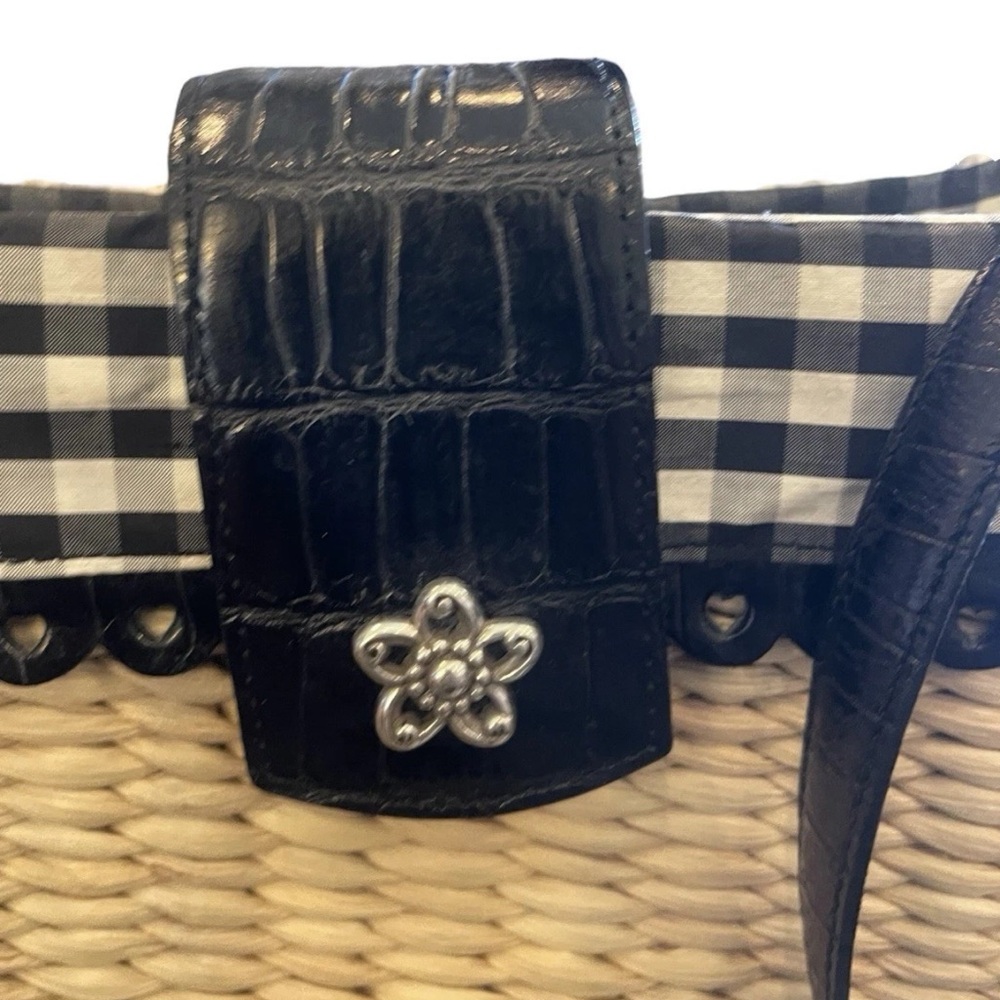 Brighton Vintage Rattan Gingham Black White Leather Handbag Heart Charm - Picture 4 of 11